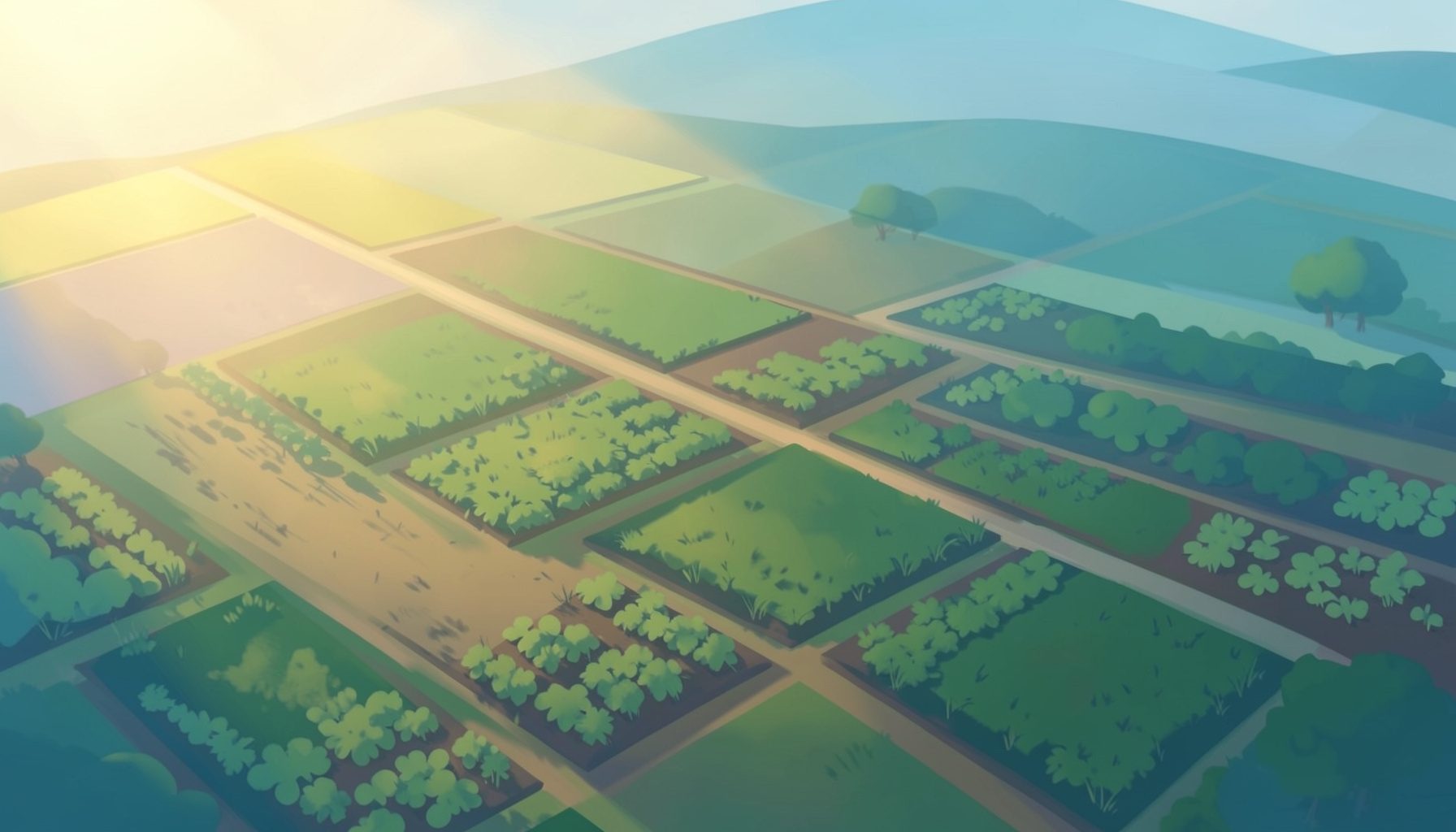 Warm golden sunlight falling across a patchwork of small farm plots with varied green crops, conveying a sense of shared land stewardship and community resilience.