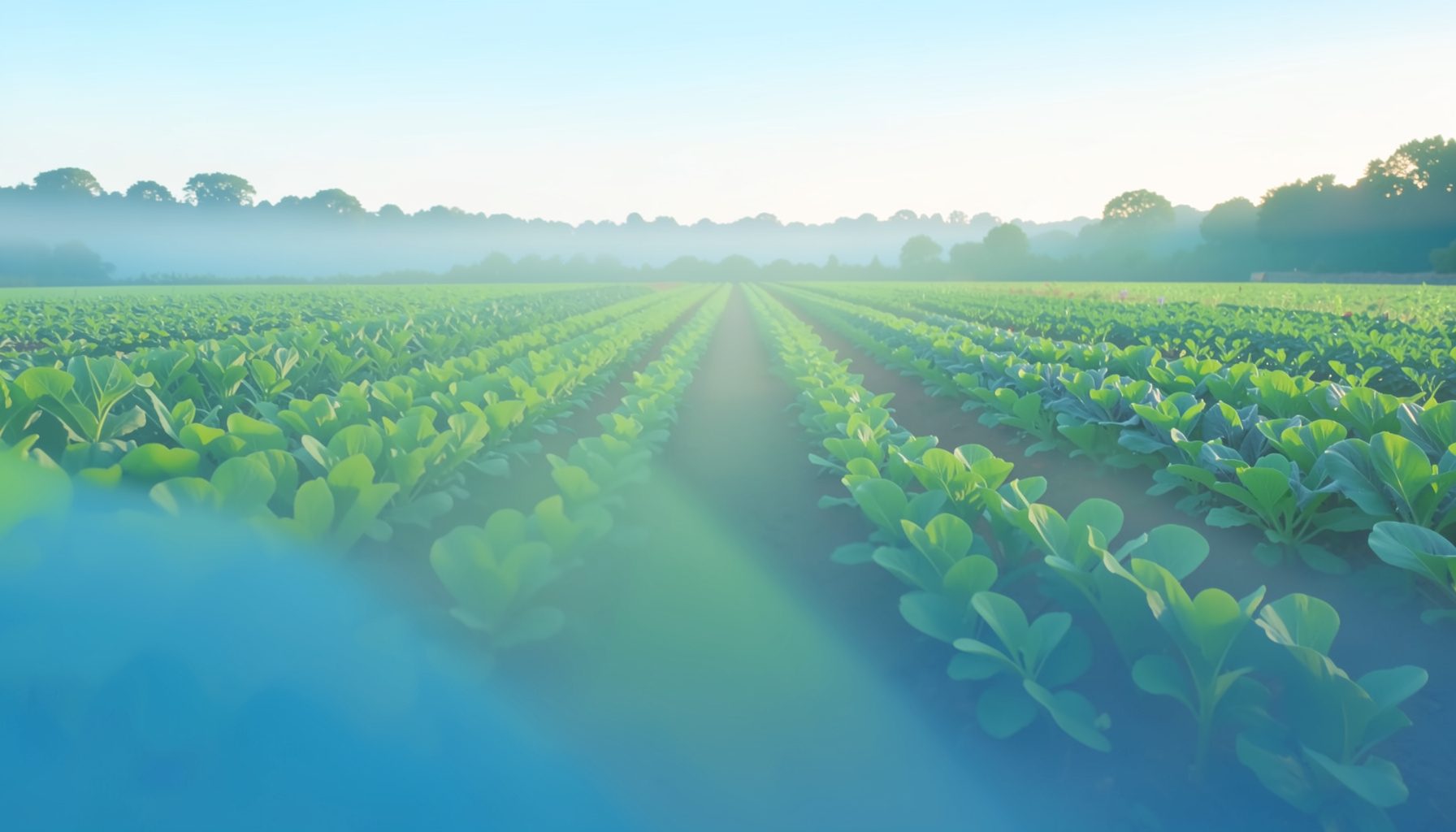 A wide view of a lush green farm field under soft morning light, with rows of diverse crops and distant trees, conveying a calm outdoor learning setting